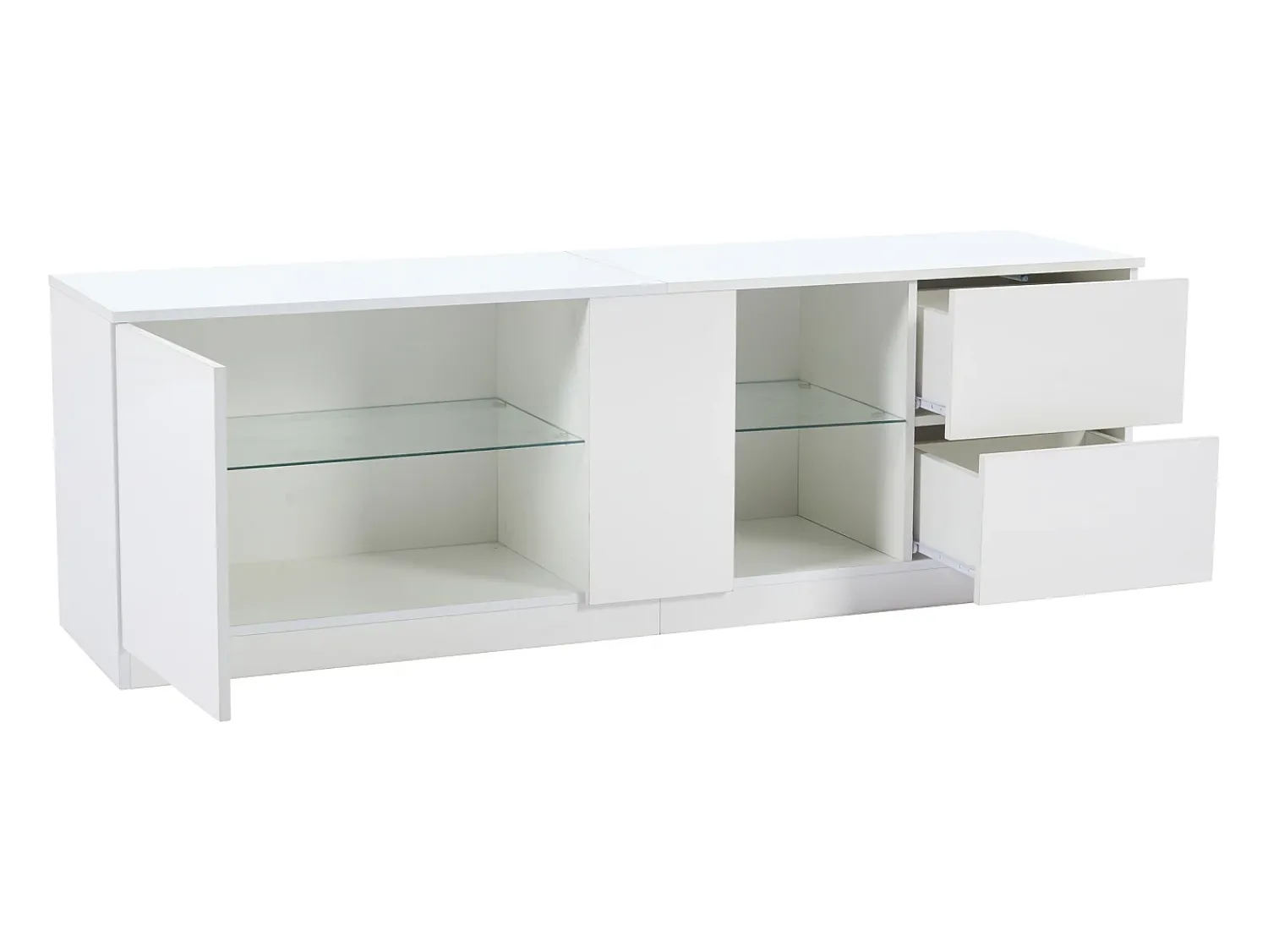 Clearance Hauss Spole Móvel TV 160x40x52cm com 1 porta, 2 gavetas e prateleiras de vidro, LED incluído, corpo em lacado Branco