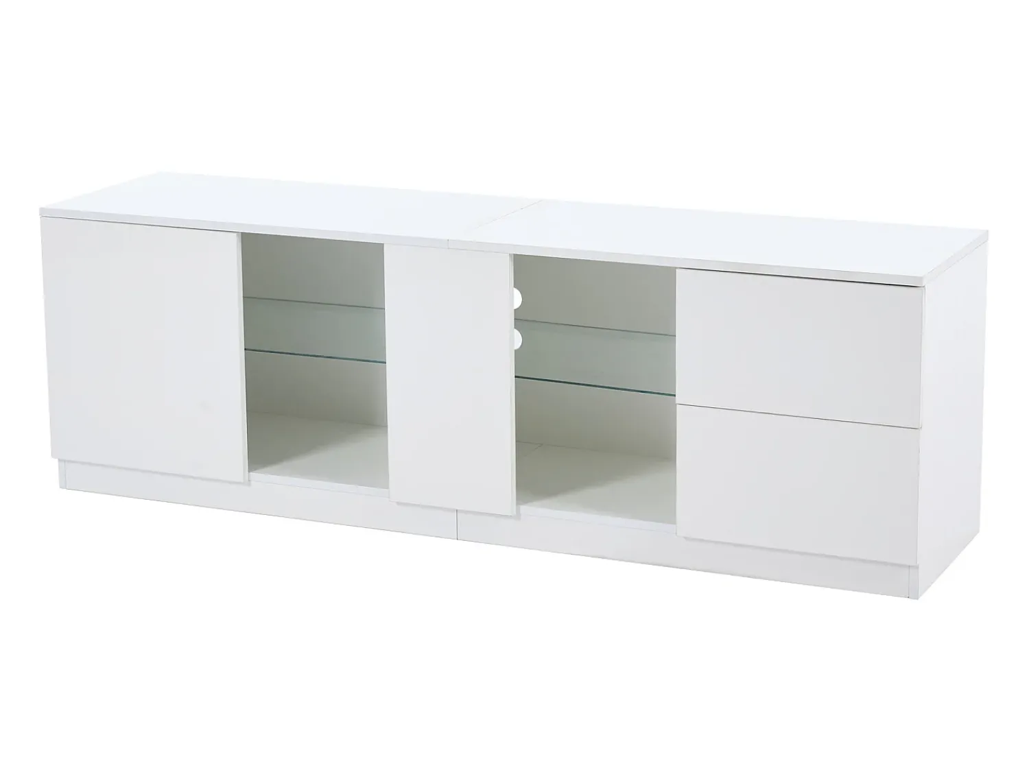 Clearance Hauss Spole Móvel TV 160x40x52cm com 1 porta, 2 gavetas e prateleiras de vidro, LED incluído, corpo em lacado Branco