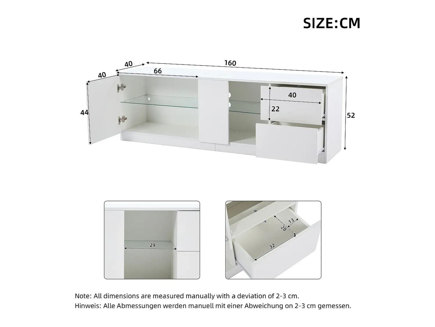 Clearance Hauss Spole Móvel TV 160x40x52cm com 1 porta, 2 gavetas e prateleiras de vidro, LED incluído, corpo em lacado Branco