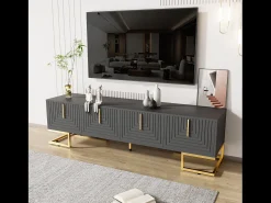 Móvel TV 170x40x45,5cm, com 4 portas estruturadas, puxadores e pés dourados, em aglomerado de partículas,^ Móvel De Tv