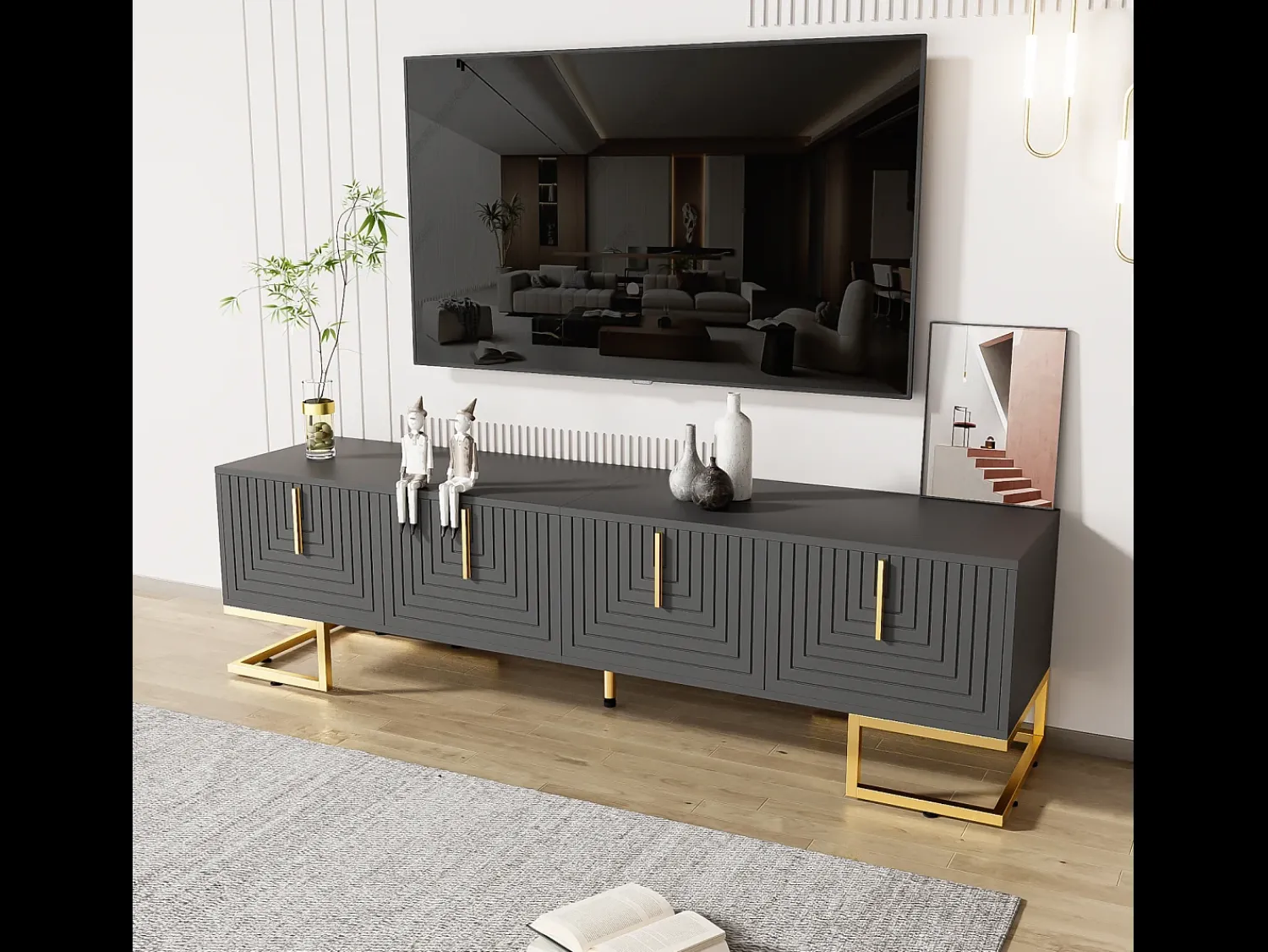 Móvel TV 170x40x45,5cm, com 4 portas estruturadas, puxadores e pés dourados, em aglomerado de partículas,^ Móvel De Tv