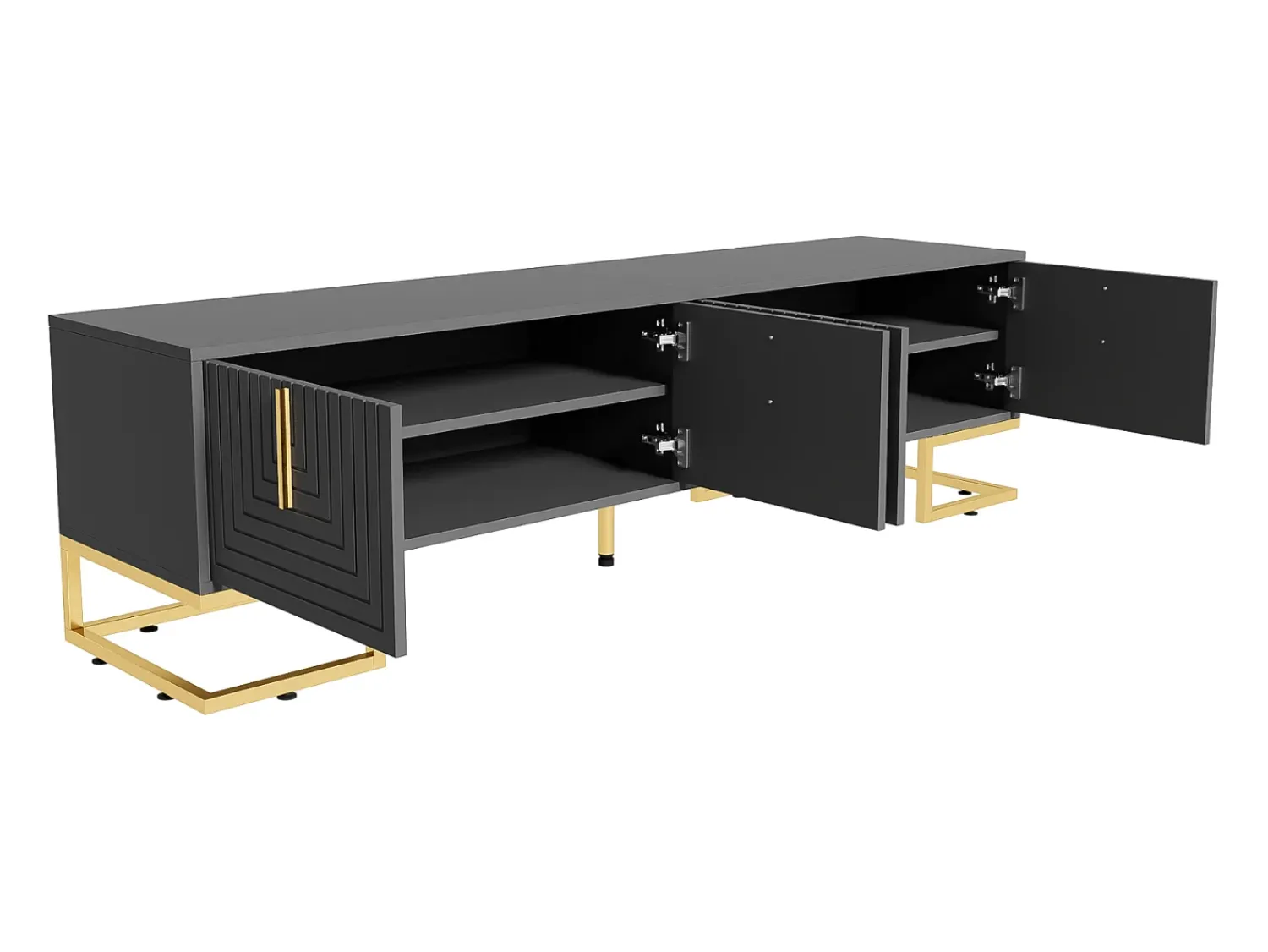Móvel TV 170x40x45,5cm, com 4 portas estruturadas, puxadores e pés dourados, em aglomerado de partículas,^ Móvel De Tv
