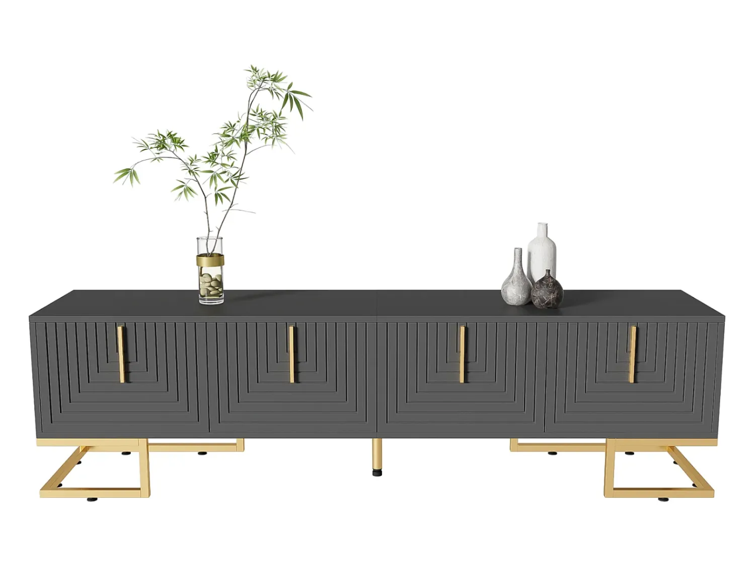 Móvel TV 170x40x45,5cm, com 4 portas estruturadas, puxadores e pés dourados, em aglomerado de partículas,^ Móvel De Tv