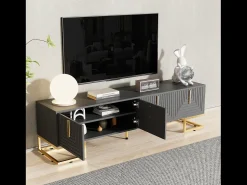 Móvel TV 170x40x45,5cm, com 4 portas estruturadas, puxadores e pés dourados, em aglomerado de partículas,^ Móvel De Tv