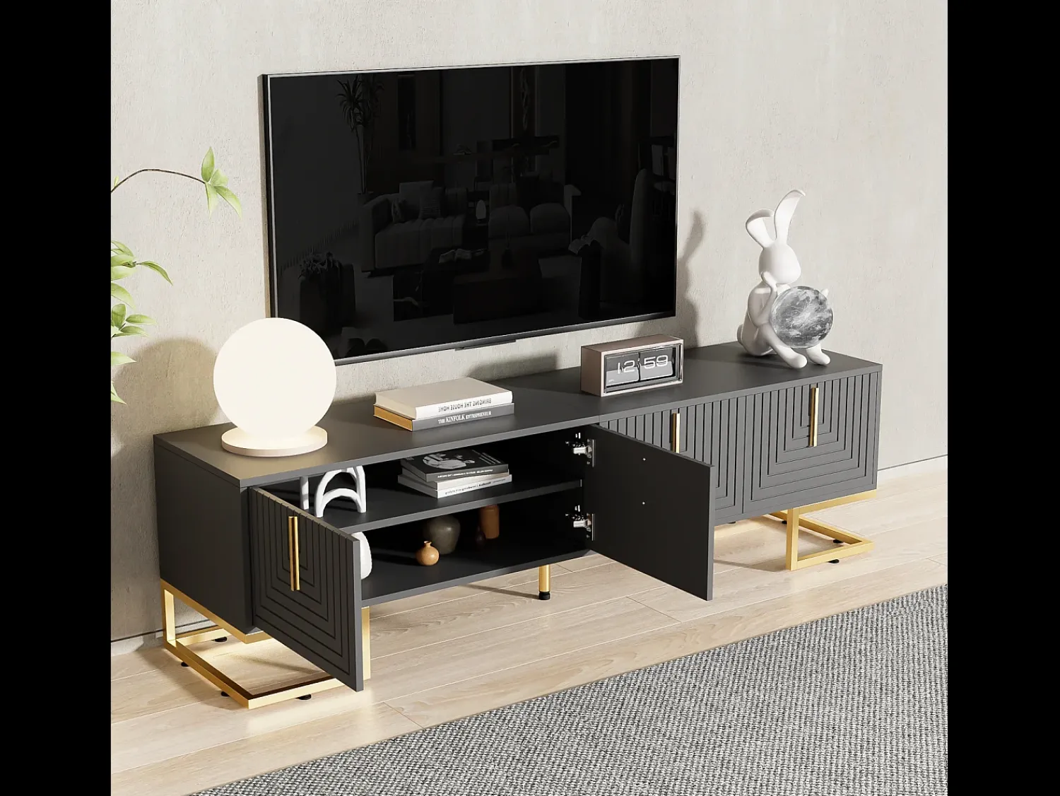 Móvel TV 170x40x45,5cm, com 4 portas estruturadas, puxadores e pés dourados, em aglomerado de partículas,^ Móvel De Tv