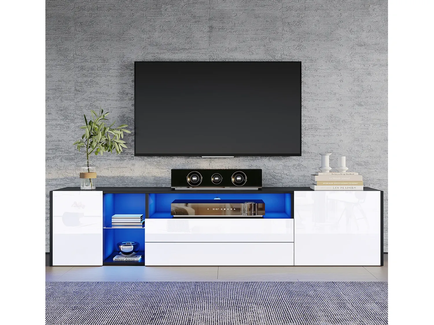 Móvel De Tv*Hauss Spole Móvel TV 180x40x45cm com 2 portas e 2 gavetas, LED incluído, corpo em laca branca e preta brilhante Branco