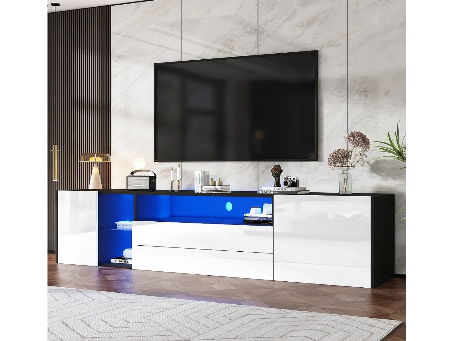 Móvel De Tv*Hauss Spole Móvel TV 180x40x45cm com 2 portas e 2 gavetas, LED incluído, corpo em laca branca e preta brilhante Branco