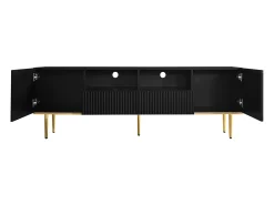 Móvel De Tv* Móvel TV 165x36x55cm, com 2 portas, 2 gavetas e 2 compartimentos, pés e rebordo dourados, Preto