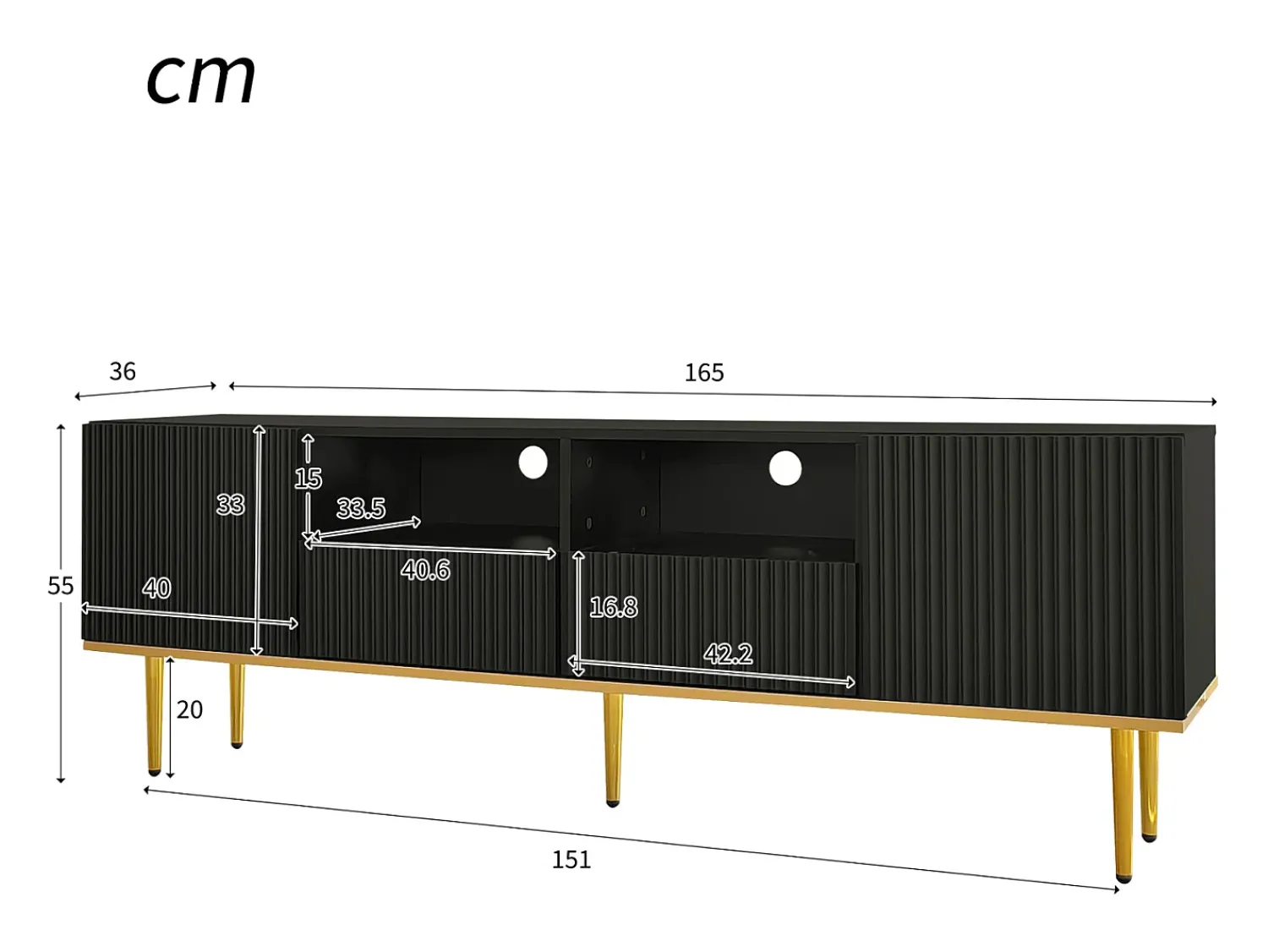 Móvel De Tv* Móvel TV 165x36x55cm, com 2 portas, 2 gavetas e 2 compartimentos, pés e rebordo dourados, Preto