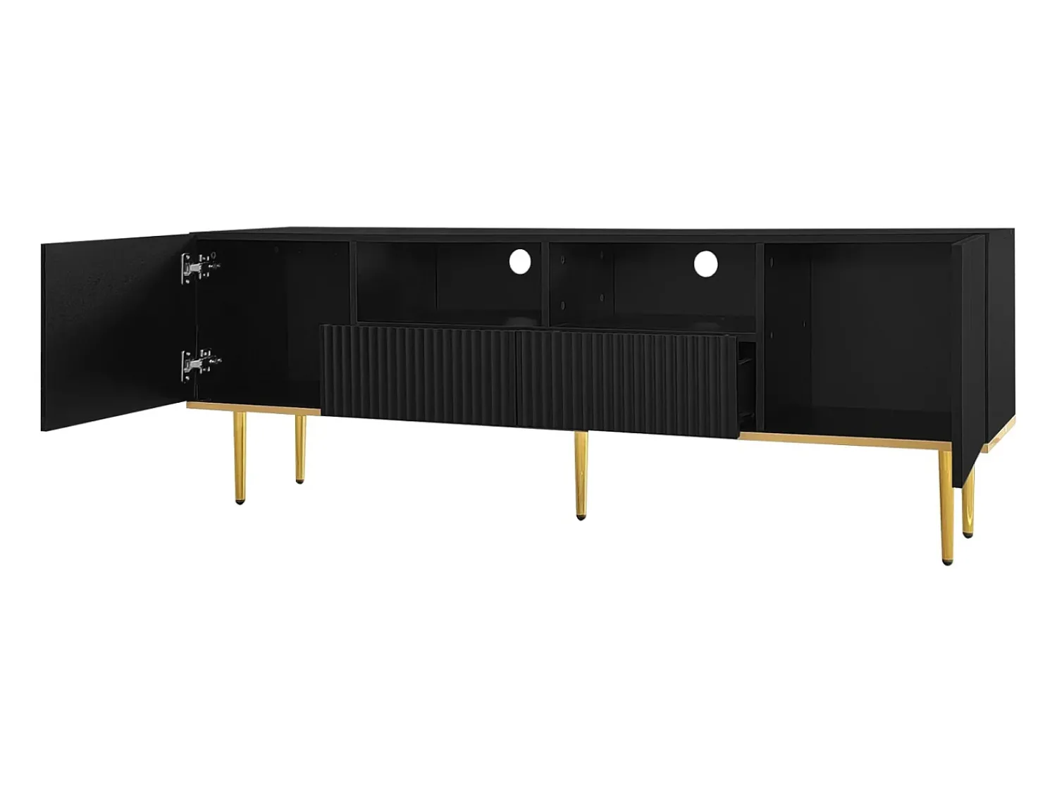Móvel De Tv* Móvel TV 165x36x55cm, com 2 portas, 2 gavetas e 2 compartimentos, pés e rebordo dourados, Preto