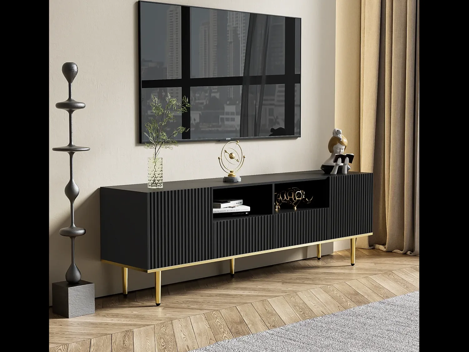 Móvel De Tv* Móvel TV 165x36x55cm, com 2 portas, 2 gavetas e 2 compartimentos, pés e rebordo dourados, Preto