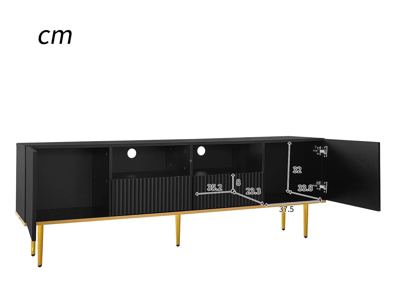 Móvel De Tv* Móvel TV 165x36x55cm, com 2 portas, 2 gavetas e 2 compartimentos, pés e rebordo dourados, Preto