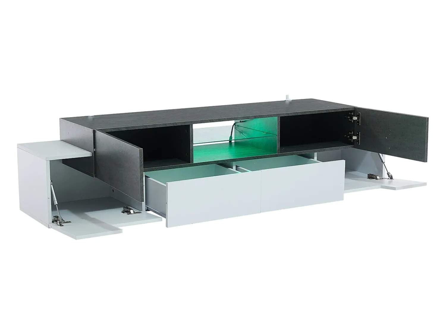 Clearance Hauss Spole Móvel TV 180x40x45cm com 4 portas e 2 gavetas, LED incluído, tampo em folheado de concreto cinza, branco Cinzento