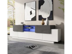 Clearance Hauss Spole Móvel TV 180x40x45cm com 4 portas e 2 gavetas, LED incluído, tampo em folheado de concreto cinza, branco Cinzento