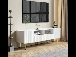 Móvel TV 165x36x55cm, com 2 portas, 2 gavetas e 2 compartimentos, pés e orla dourados,^ Móvel De Tv