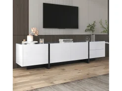 Sale Móvel TV 190x35x45cm, com 3 portas e 2 gavetas, prateleiras interiores, brilhante, estilo moderno, design linear simples, Branco