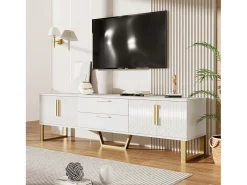 Clearance Móvel TV 170x40x53cm, em MDF, com 4 portas desenho texturado gravado, 2 gavetas, luxo, elegante, Branco