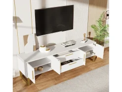 Clearance Móvel TV 170x40x53cm, em MDF, com 4 portas desenho texturado gravado, 2 gavetas, luxo, elegante, Branco