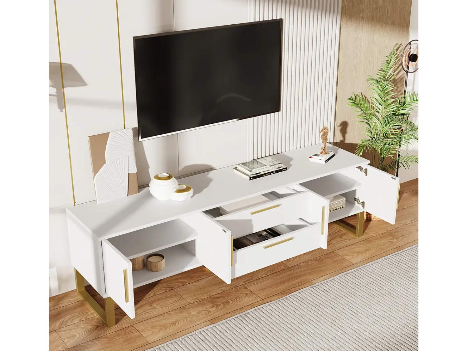 Clearance Móvel TV 170x40x53cm, em MDF, com 4 portas desenho texturado gravado, 2 gavetas, luxo, elegante, Branco