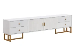 Móvel De Tv* Móvel TV 175x30x46cm, painel baixo com porta texturada, espelhos, puxadores e pés dourados, Branco