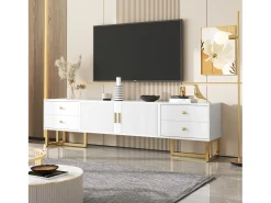 Móvel De Tv* Móvel TV 175x30x46cm, painel baixo com porta texturada, espelhos, puxadores e pés dourados, Branco