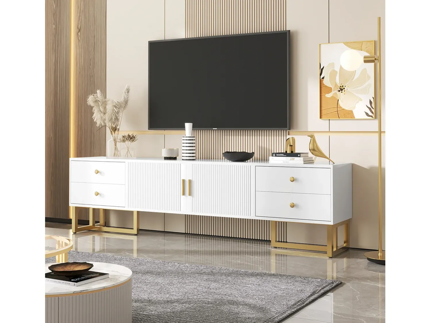 Móvel De Tv* Móvel TV 175x30x46cm, painel baixo com porta texturada, espelhos, puxadores e pés dourados, Branco