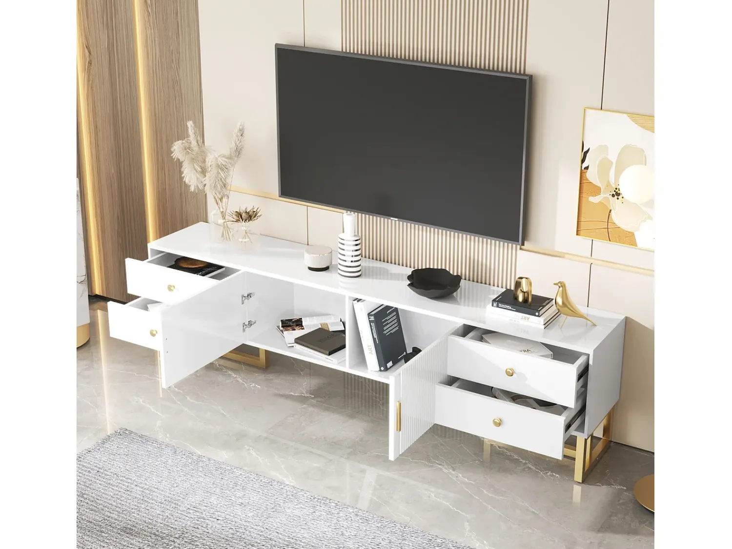 Móvel De Tv* Móvel TV 175x30x46cm, painel baixo com porta texturada, espelhos, puxadores e pés dourados, Branco