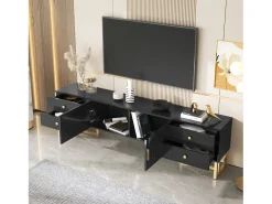 Móvel TV 175x30x46cm, painel baixo com porta texturada, espelhos, puxadores dourados e pés dourados,^ Móvel De Tv