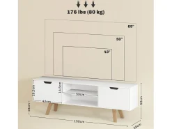Móvel/Banco para TV em estilo escandinavo moderno com 2 portas e 2 prateleiras em madeira branca, 150 cm (comprimento) x 39 cm (largura) x 50 cm (altura)^ Móvel De Tv