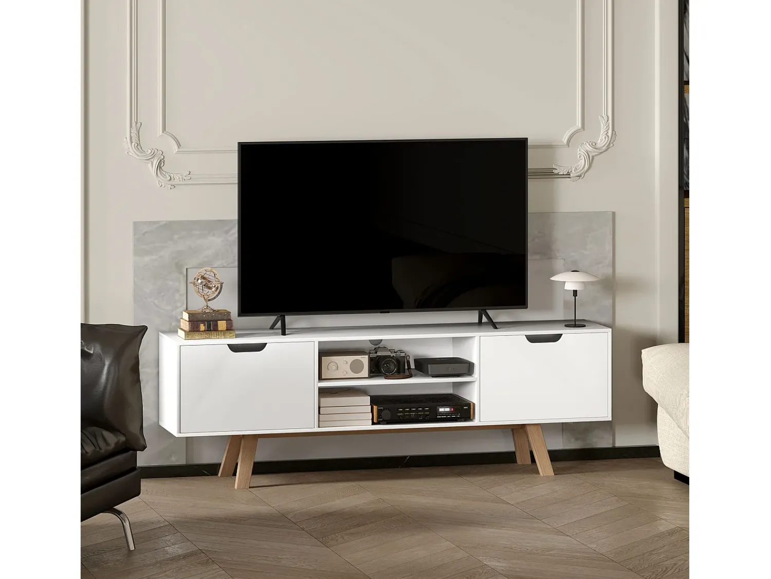 Móvel/Banco para TV em estilo escandinavo moderno com 2 portas e 2 prateleiras em madeira branca, 150 cm (comprimento) x 39 cm (largura) x 50 cm (altura)^ Móvel De Tv