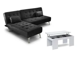 Saldosystocks Oferta: Sofá-Cama Chaise Longue XS Cinza + Mesa de Centro Branco e Cimento^ Sofá