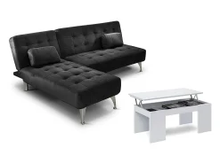 Saldosystocks Oferta: Sofá-Cama Chaise Longue XS Cinza + Mesa de Centro Branco e Carvalho^ Sofá