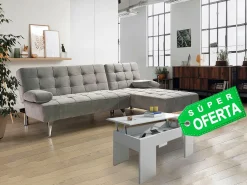 Sofá|Saldosystocks Oferta: Sofá-Cama Chaise Longue XS + Mesa de Centro Branco e Carvalho Preto