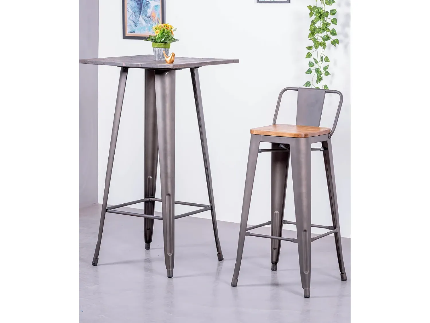 Outlet Nest Dream Pack de 4 bancos metálicos com assentos de madeira - Bistro - Antiguidade Cinza antracite