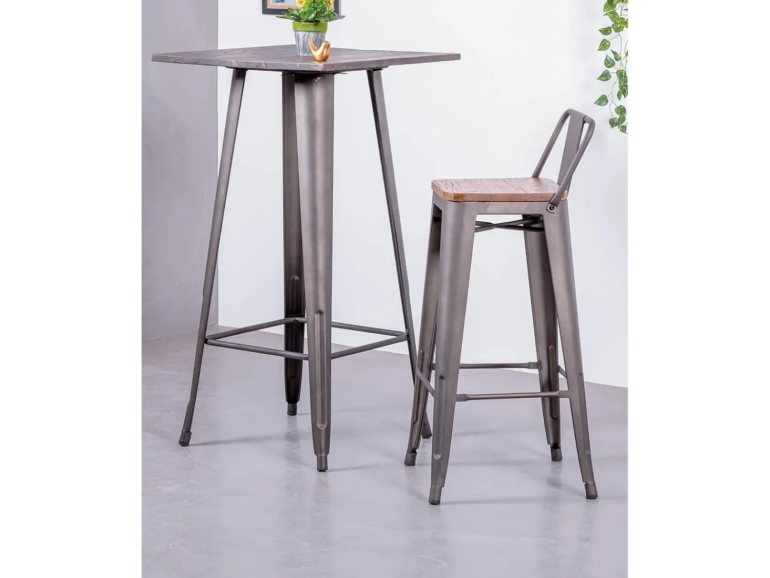 Outlet Nest Dream Pack de 4 bancos metálicos com assentos de madeira - Bistro - Antiguidade Cinza antracite