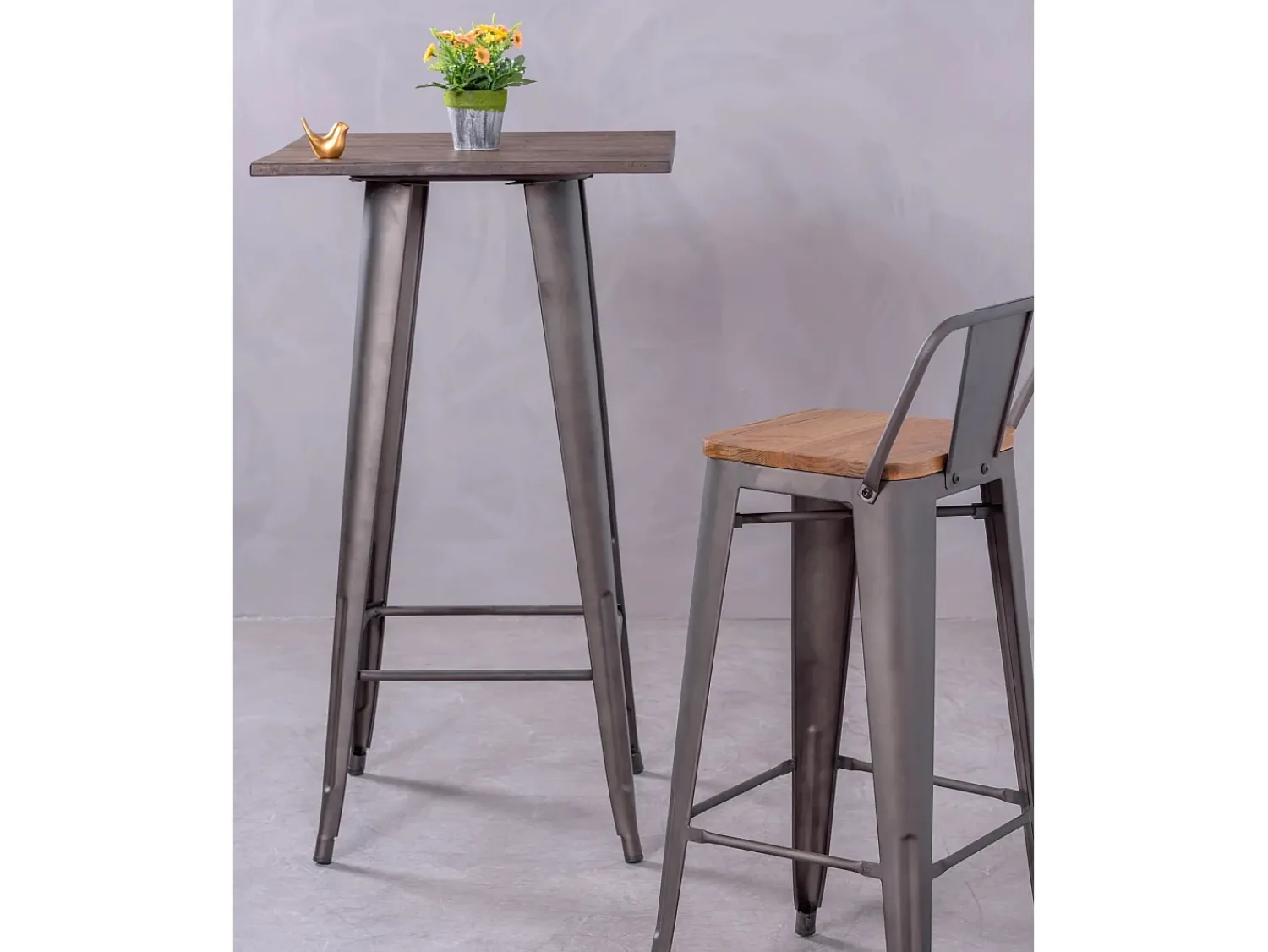 Outlet Nest Dream Pack de 4 bancos metálicos com assentos de madeira - Bistro - Antiguidade Cinza antracite