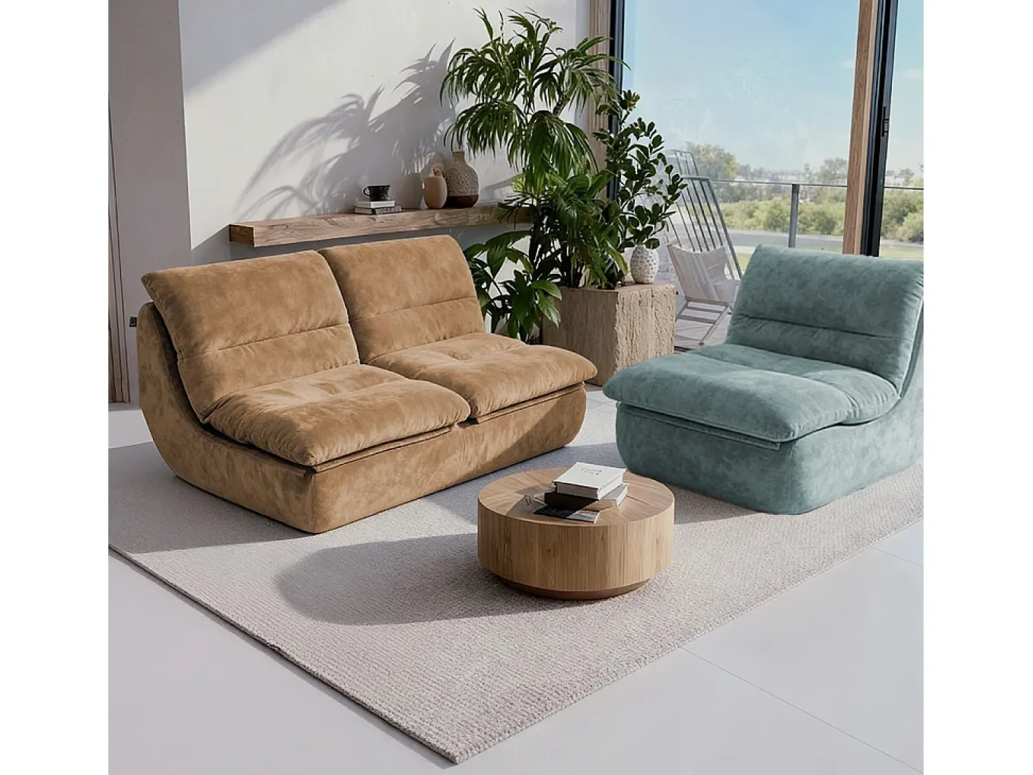 Sofá* Pack Nuvia Living 3 lugares - areia e sálvia Bege