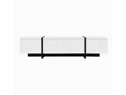 Painel baixo para TV com pés em blocos de cores em e preto brilhante, com portas e gavetas. Branco