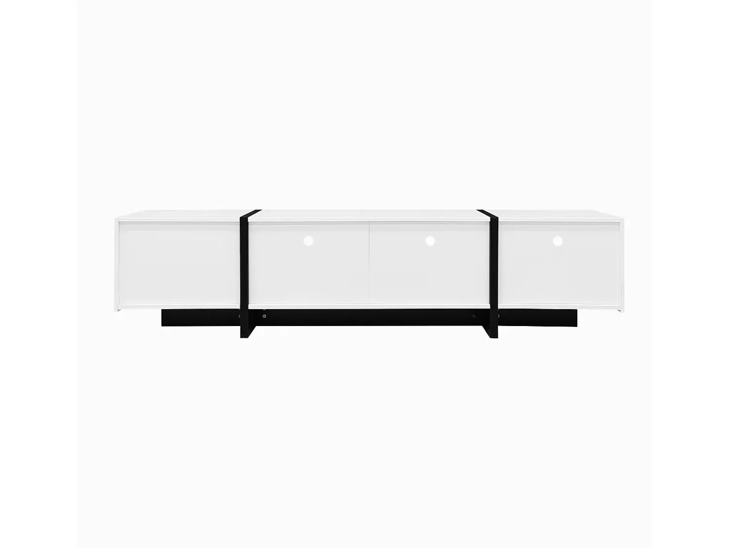 Painel baixo para TV com pés em blocos de cores em e preto brilhante, com portas e gavetas. Branco
