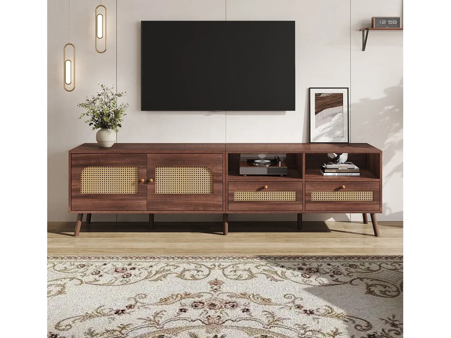 Móvel De Tv| Painel de TV com 2 portas e 2 gavetas - Suporte de TV - Design de porta de armário Ratan - para TV de 80 polegadas Castanho