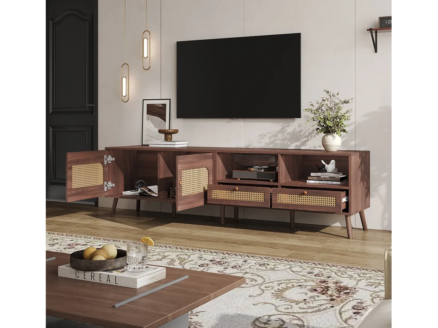 Móvel De Tv| Painel de TV com 2 portas e 2 gavetas - Suporte de TV - Design de porta de armário Ratan - para TV de 80 polegadas Castanho