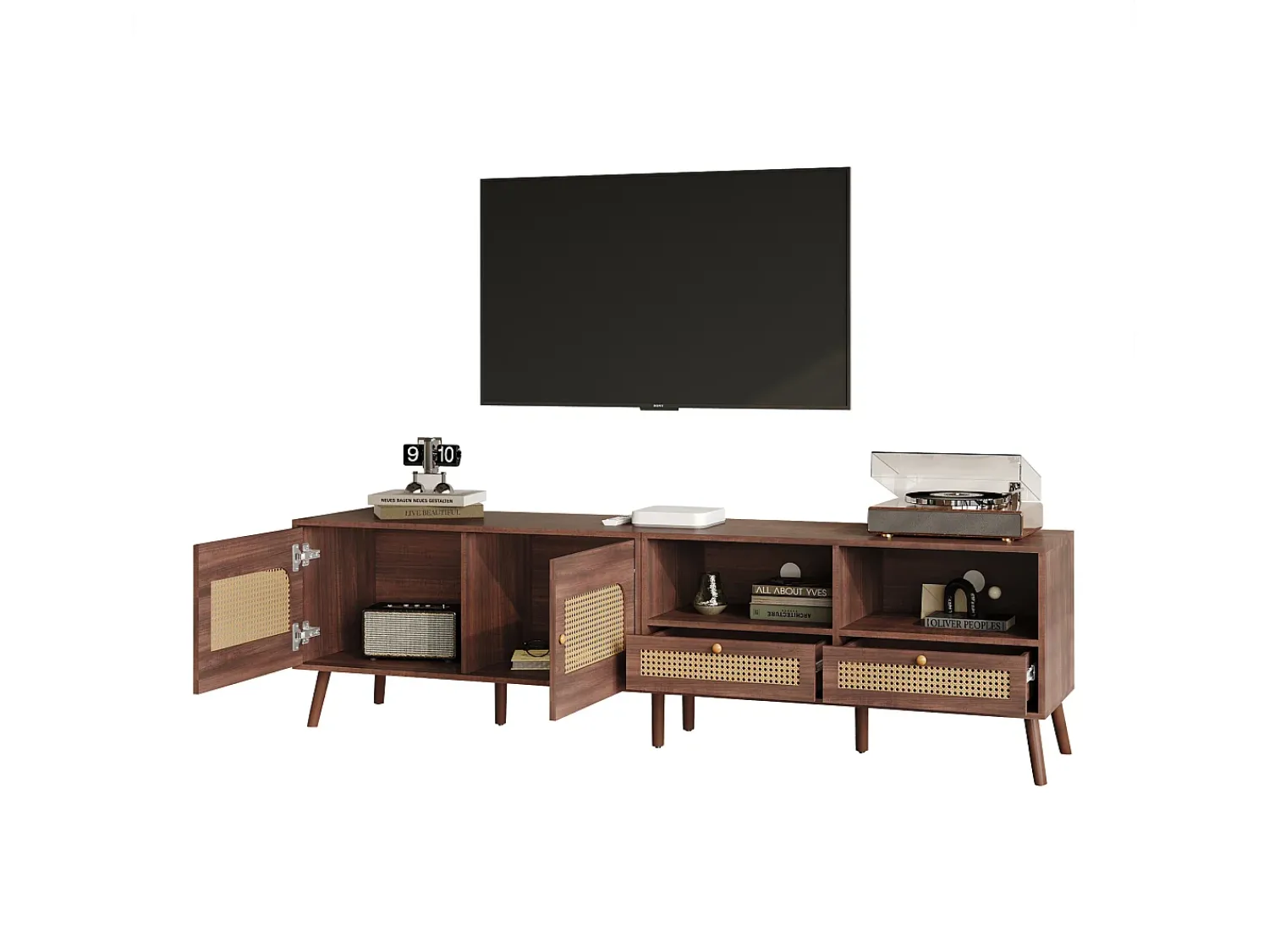 Móvel De Tv| Painel de TV com 2 portas e 2 gavetas - Suporte de TV - Design de porta de armário Ratan - para TV de 80 polegadas Castanho
