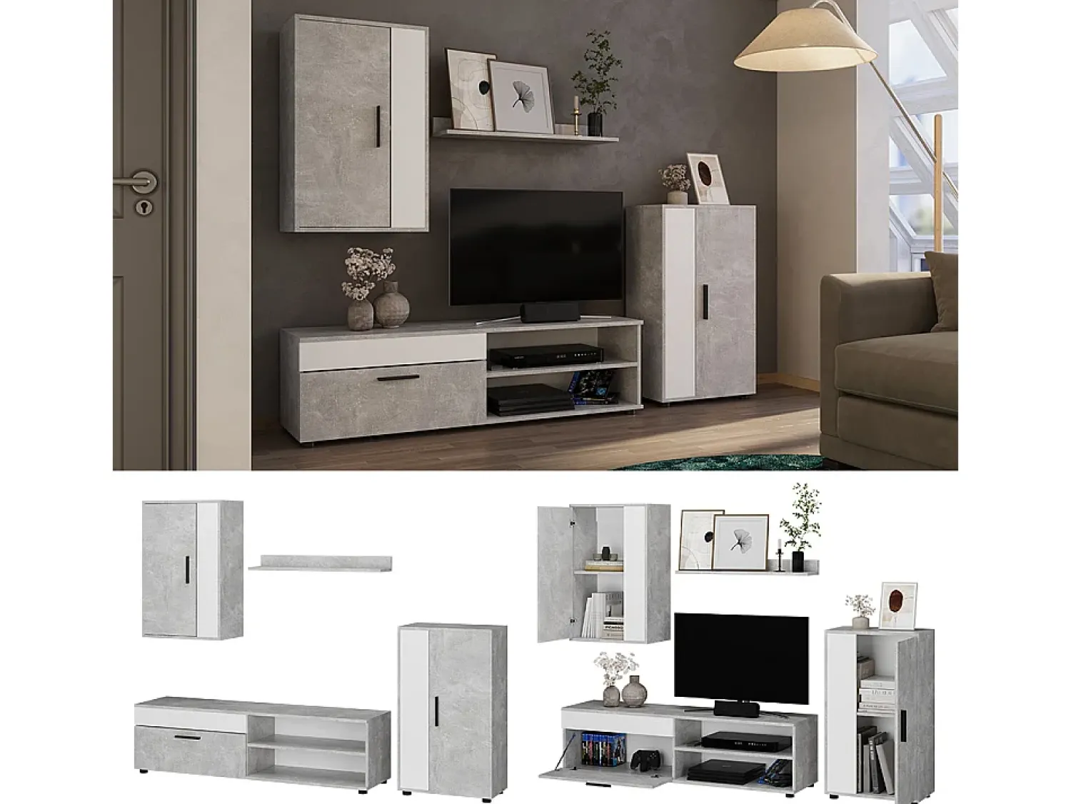 Discount Vicco Parede da sala de estar betão 140x35.2x38.7 berno Cinzento claro