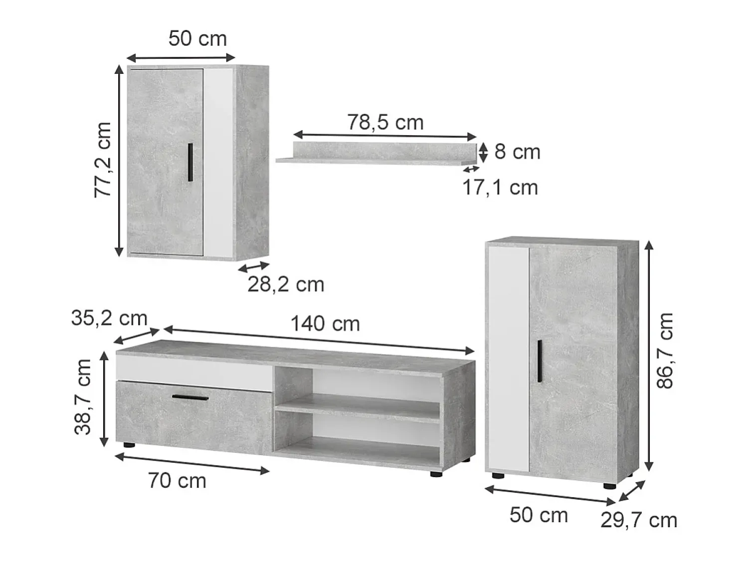 Discount Vicco Parede da sala de estar betão 140x35.2x38.7 berno Cinzento claro