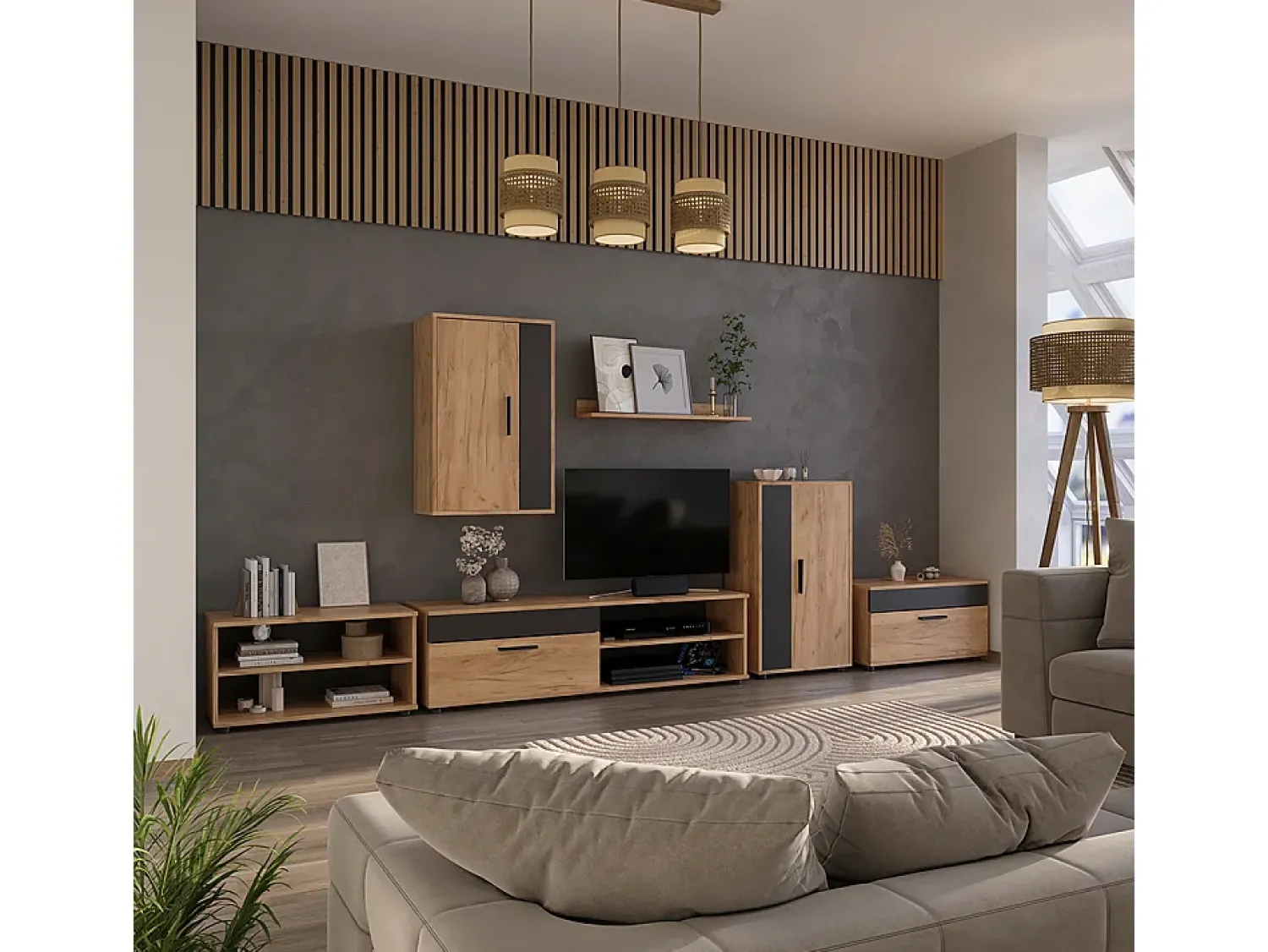 Outlet Vicco Parede da sala de estar carvalho goldkraft/antracite 140x35.2x38.7 berno Natural escuro