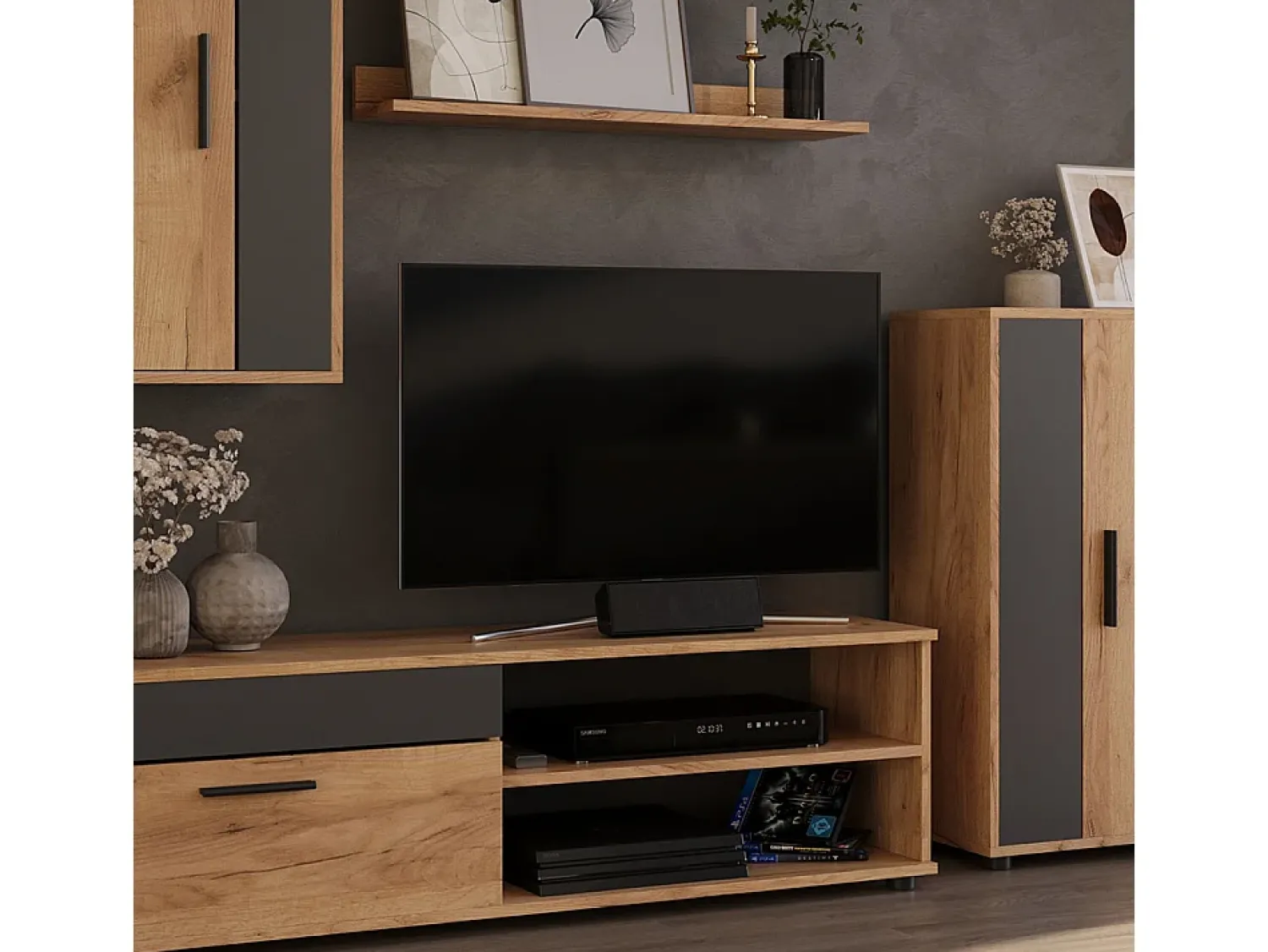 Outlet Vicco Parede da sala de estar carvalho goldkraft/antracite 140x35.2x38.7 berno Natural escuro