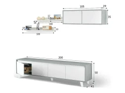 Móvel De Tv|Dmora Parede de armazenamento Vergennes, Conjunto de sala de estar, Móveis de sala multiuso, Parede de armazenamento moderna, 200x41h50 cm, Cimento e Branco Brilhante Cinzento