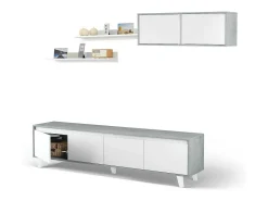 Móvel De Tv|Dmora Parede de armazenamento Vergennes, Conjunto de sala de estar, Móveis de sala multiuso, Parede de armazenamento moderna, 200x41h50 cm, Cimento e Branco Brilhante Cinzento