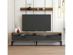 Dmora Parede equipada Dkatseri, Composição da sala de estar, Armário de sala multiusos, Armário de TV, 180x35h47 cm, Nogueira e Antracite^ Móvel De Tv