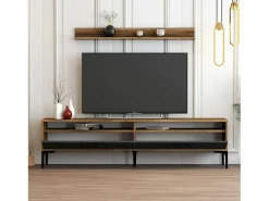 Dmora Parede equipada Dkatseri, Composição da sala de estar, Armário de sala multiusos, Armário de TV, 180x35h47 cm, Nogueira e Antracite^ Móvel De Tv